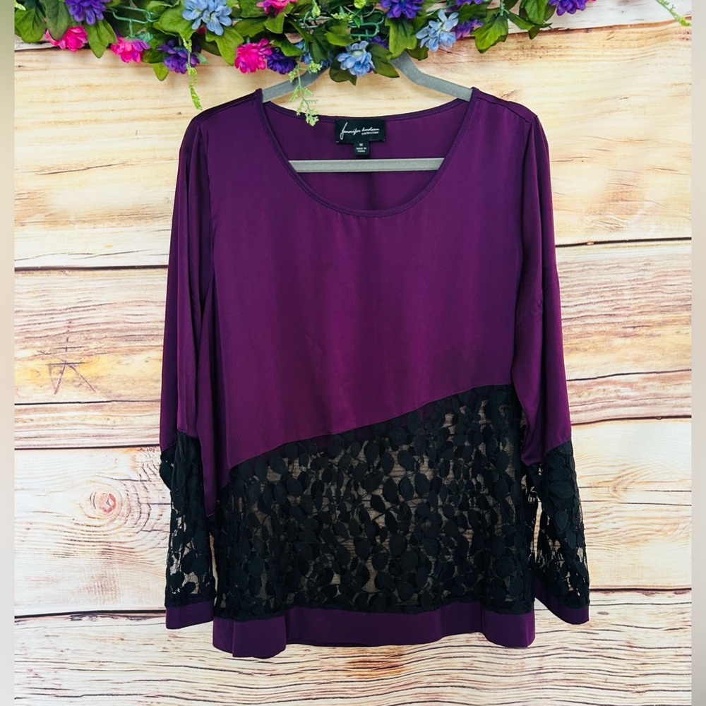 Jennifer Hudson Collection Purple Black Lace Detail Round Neck Long Sleeve Top M
